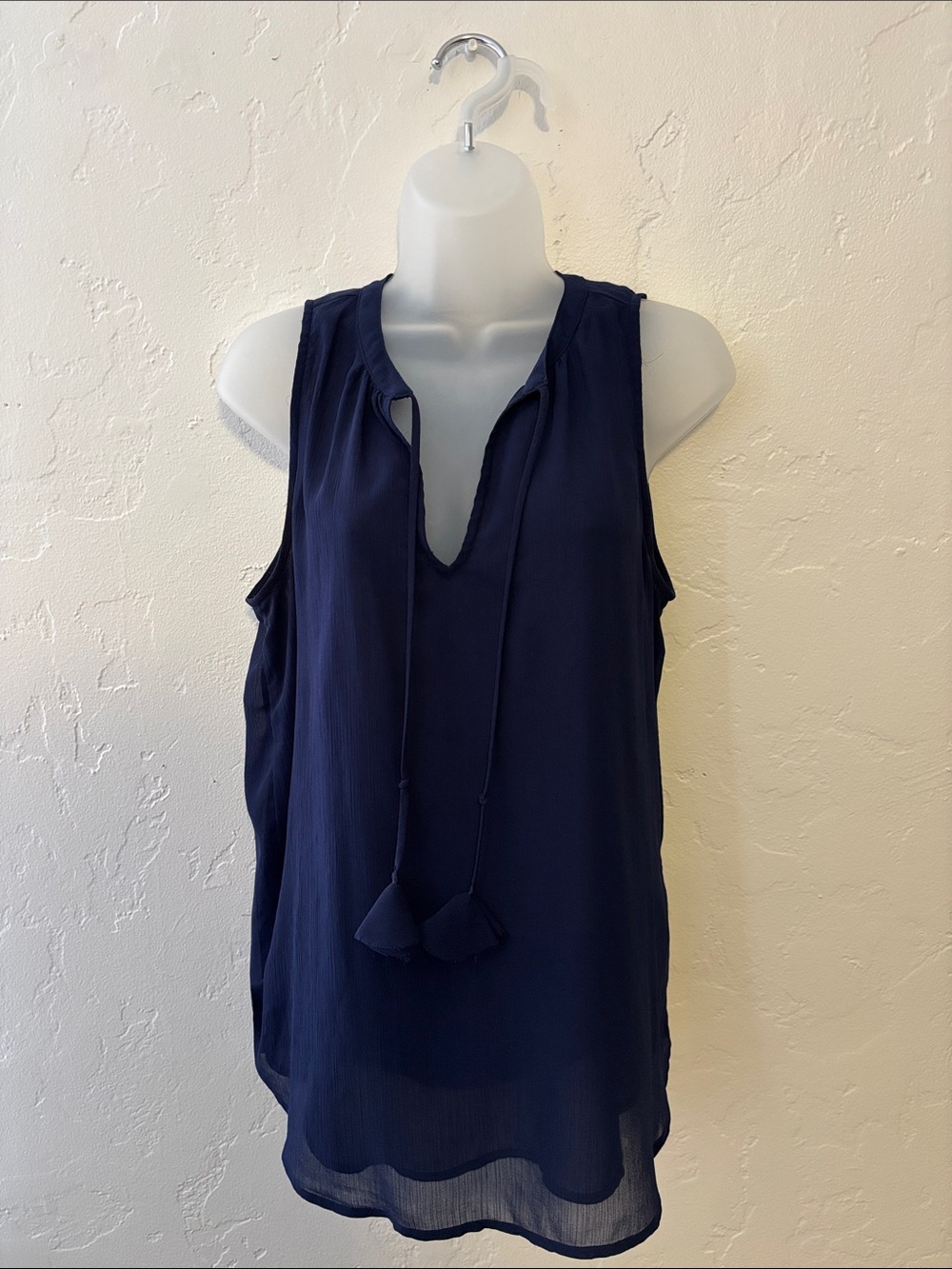 Love Stitch Navy Sleeveless V-Neck Tassel Tie Top